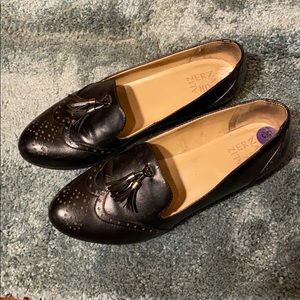 Black leather slide on flats GUC